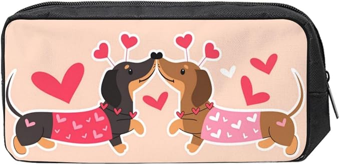 Dachshund Dogs Kiss Heart Large Pencil Case, Durable Pen Bag Zipper Organizer Pouch for Office Travel for Women Men