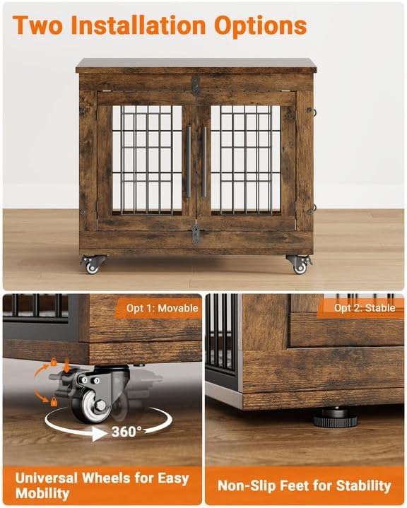YaFiti Dog Crate Furniture, 27.2" Wooden Dog Kennel, 2 Pack, Rustic Brown | for Small Dogs, Up to 30 lb, Cushion, Wheels, Double Doors, Furniture Style, Side End Table, Decorative Pet Cage House