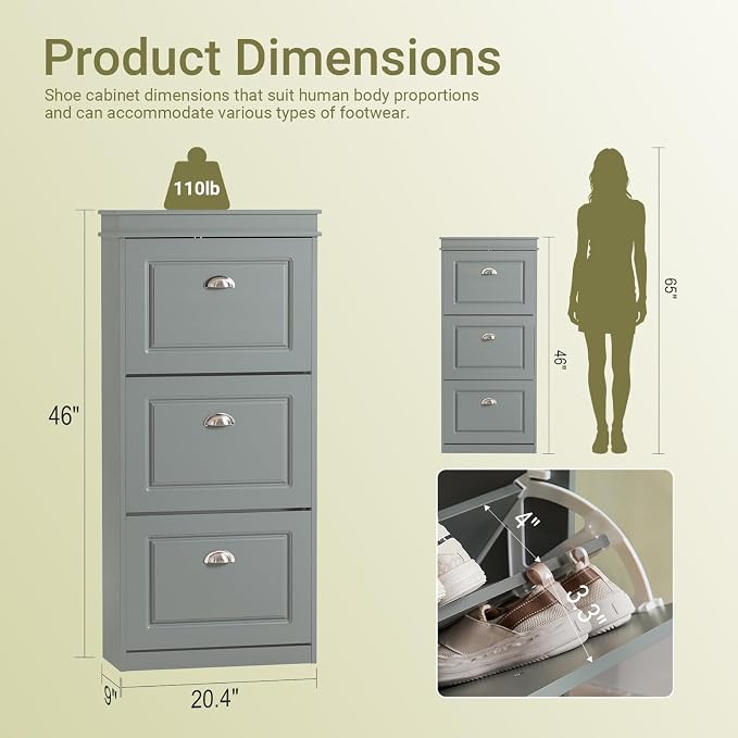 Haotian FSR94-HG, Grey Shoe Storage Cabinet with 3 Flip Drawers, Freestanding Shoe Rack, Shoe Storage Cupboard Organizer(9.4" D x 20.9" W x 46.1" H) | Freestanding Shoe Rack for Entryway, Shoe Organizer with Hidden Drawer, Grey, FSR94-HG