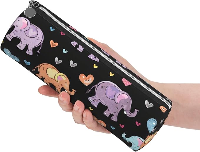 OSAM SPACE Leather Pencil Case Round Pencil Bag Cute Elephants Pen Organizer Holder Portable Zipper Pouch Cute School Supplies for Girls Boys Study Office