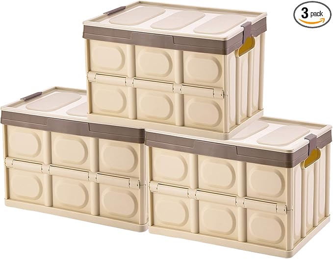 Phyllia Foldable Storage Boxes with Lids, 3-Pack Collapsible Plastic Storage Bins Organizer Containers Baskets Cub with Cover,Stackable Utility Crates Storage Box (Brown, 30L)
