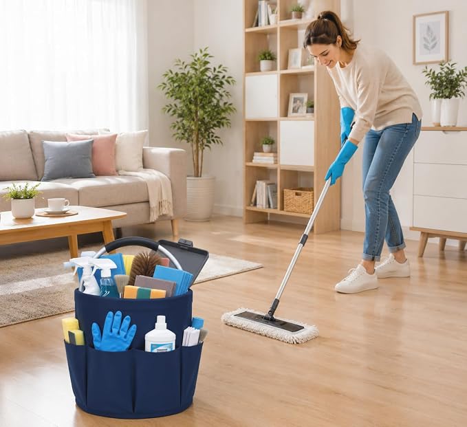 Cleaning Caddy with Handle, 17L Foldable Storage Basket, Heavy Duty 600D Oxford Cloth Organizer, Portable Supply Bag, Multi-Purpose Supplies Caddy for Home, Bathroom, Kitchen, Garden - Dark Blue
