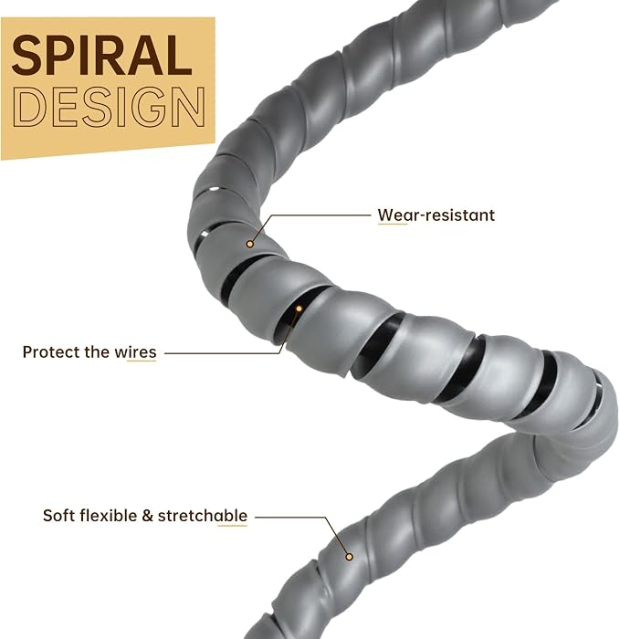 Spiral Cable Wrap, 10ft Cable Sleeves for Cords, Flexible Cable Management Sleeve for Computer, Power, Audio & Video Cords (Grey, 3/4")