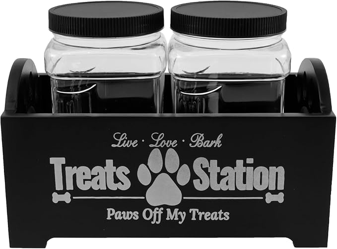 Dog Treat Container, Pet Treat Storage Organizer, Wood Dog Food Storage Container with 2 Plastic Jars Rustic Cat Treat Container Practical Pet Treat Storage Organizer for Pet Owners and Lovers (Black)