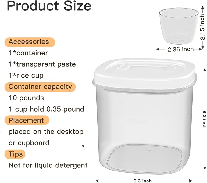 10 Lbs Rice Container Storage with Measuring Cup | 10lbs /5.0 Qt Capacity, Storage Rice & Cereal & Pet & Laundry Pod Bin, Kitchen Bathroom Pet Food Pantry