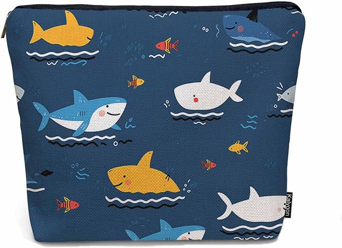 Shark Cosmetic Bags For Women, Cute Ocean Sea Wildlife Sharks Blue Roomy Makeup Bag Toiletry Bag Accessories Organizer Storage Bags Makeup Pouch For Travel Business Gym Camping Bathroom