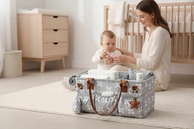 Diaper Caddy with Changing Mat, Large Baby Diaper Caddy Organizer with Lid, Portable Organizer Basket for Nursery and Car, Shoulder Strap and Pacifier Organizer