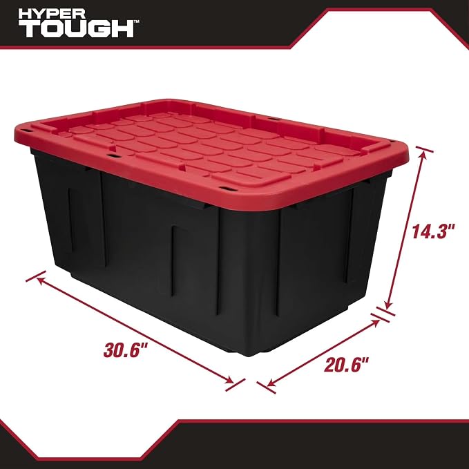 27 Gal Garage Storage Bin with Snap Lid, Lockable, Recycled, Black/Red
