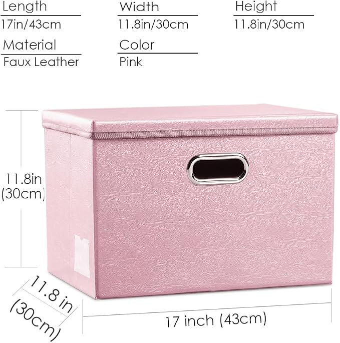 Large Collapsible Storage Box with Lid [1-Pack] Leather Fabric Foldable Storage Bin Organizer Container Basket Cube with Cover for Home Bedroom Closet Office Nursery Pink (17.7x11.8x11.8)