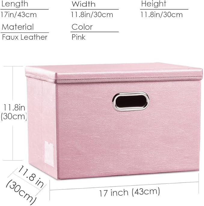 Large Stackable Storage Bins with Lids [3-Pack] Leather Fabric Foldable Storage Boxes Organizer Containers Baskets Cube with Cover for Bedroom Closet Office Nursery Pink (17.7x11.8x11.8)