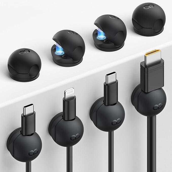 Lamicall 8 Pack Magnetic Cord Organizer, Mini-Soft Silicone Clips | Cable Management for Phone Charger Cords, Durable Adhesive Holder for Desk Nightstand, Home Office Gadget Accessories, Black