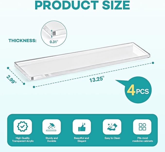 LILXIU 4 PCS 13.25 Inch Medicine Cabinet Shelves Acrylic Medicine Cabinet Shelf Replacement for Living Room Bathroom Kitchen Wall Mounted and Hanging Cabinets