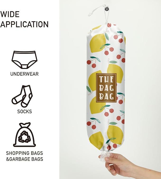 Plastic Bag Holder,Reusable And Washable Country Style Grocery Bag organizer,For Home Kitchen Travelling Camping Decor, use 1 Pack,lemon And Cherry Pattern