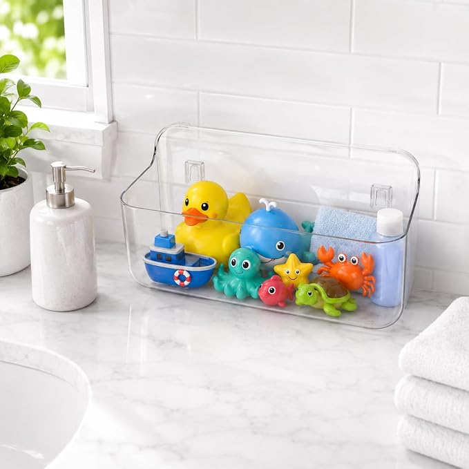 Bath Toy Organizer 2 Pack, Clear Bins with 4 Adhesive Hooks | Clear PET bath toy storage for bathtub and shower; large open bins mount without drilling and detach for easy cleaning.