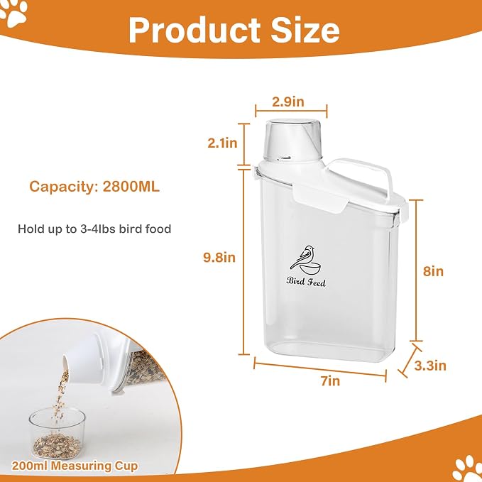 Bird Seed Storage Container Portable-3 Qt/2.8 L Clear Pet Food Container-with Measuring Cup/Lid,Airtight Wild Bird Seed Dispenser for Storing Sunflower Seed|Squirrel proof|BPA Free-White