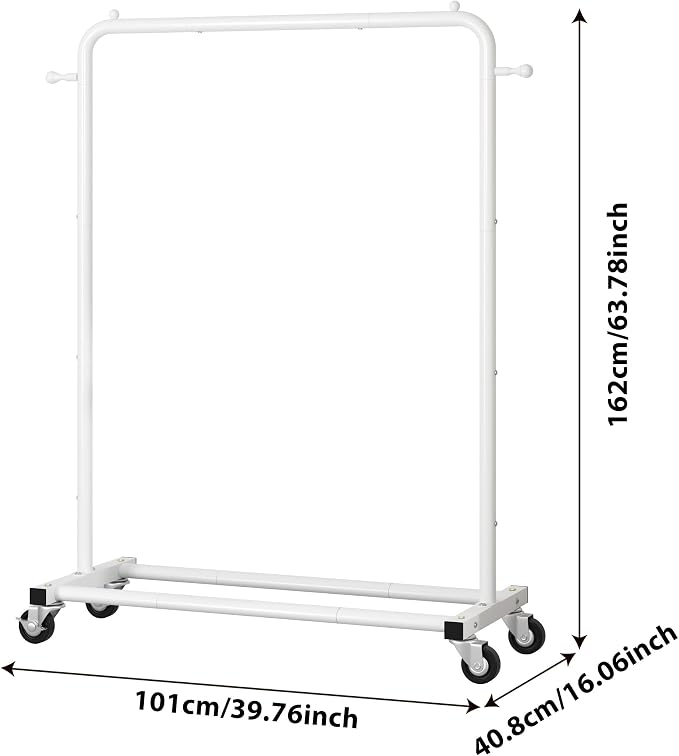 Sywhitta Metal Clothing Rack on Wheels with Bottom Shelf, for Clothes,White | Rolling Garment Rack for Hanging Clothes, Coats, Skirts, 39.76" L x 16" W x 63.78" H,Space-Saving Mobile Organizer for Closet
