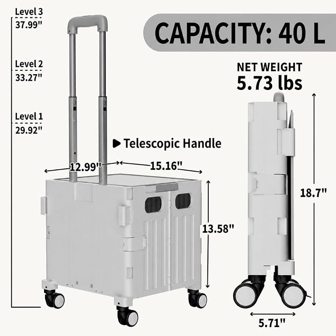 Foldable Shopping Cart with Wheels: Gray Rolling Utility Crate | Adjustable Handle, All-Terrain Wheels, Multipurpose Grocery Trolley for Teacher, Market, Office, Luggage, Laundry, Garden