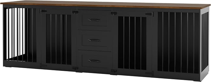 92.8" Furniture Style Dog Crate, Double Dog Crate Furniture | 3 Storage Drawers, Dog Kennel Indoor, for Med-Large Dogs, Farmhouse Dog Crate TV Stand with Divider, White Brown