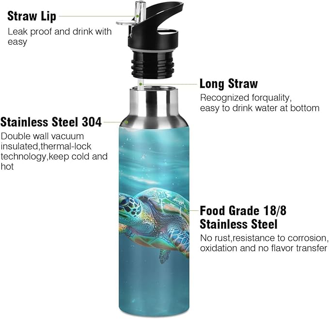 Turtle Teal Underwater Water Bottle with Straw Lid Kids Insulated Stainless Steel Water Flask Sports, 20 Oz Hot Cold