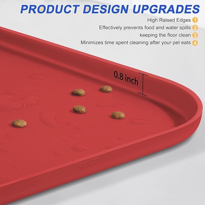 SMILOOL Silicone Pet Feeding Mat with Raised Edge for Food and Water, Dog Bowl Mats, Cat Bowls Placemat with High Lip for Floor Waterproof, Rubber Tray for Cats and Dogs 22 x 14 x0.8 Red