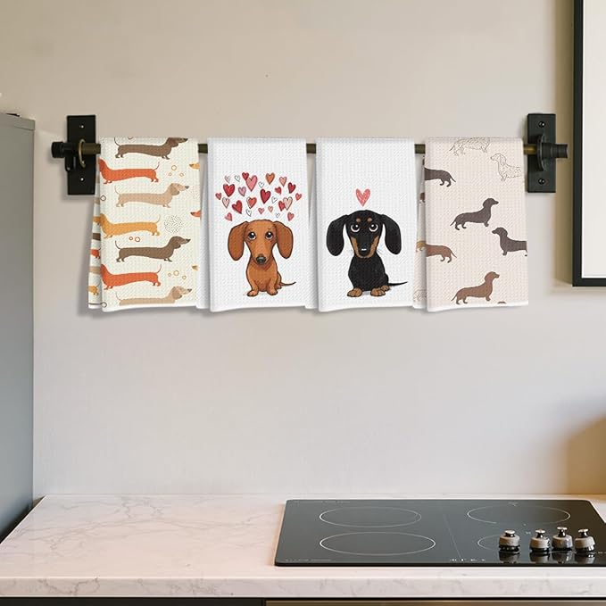 4 Pcs Dachshund Kitchen Towels 24x14 Inch, Dachshund Gifts Reusable Dish Towels for Kitchen Bathroom Decor, Waffle Weave Absorbent Hand Cloth Tea Towel, Cute Weiner Dog Gifts for Women Mom Friend