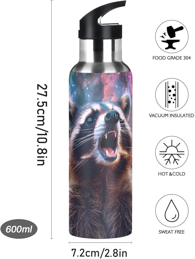 Raccoon with Galaxy Water Bottle with Straw Lid Kids Insulated Stainless Steel Water Flask Sports, 20 Oz Hot Cold