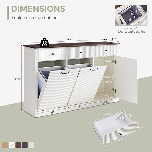 IFGET Triple Tilt Out Trash Can Cabinet, Modern Fluted Laundry Hamper Cabinet with 3 Drawers, 20 Gallon Hidden Wooden Garbage Can Cabinet w/Storage Basket & Adjustable Shelf, for Kitchen, White