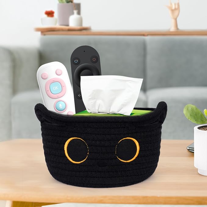 Small Storage Basket, Black Cat Cotton Rope Cute Basket Toy Bin | Woven Blasket for Nursery, Blanket Basket Baby Toy Storage Organizer With Ears for Gifts Cat Dog Bin Toys 8.5×4.5 inches