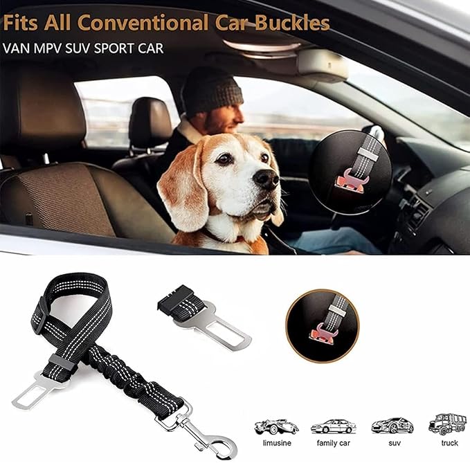 1 Piece Dog Car Seatbelt for VW Caddy 5/V 2020-2024 2025 | Durable pet restraint with elastic bungee buffer ensures safe canine travel preventing sudden stop road injuries