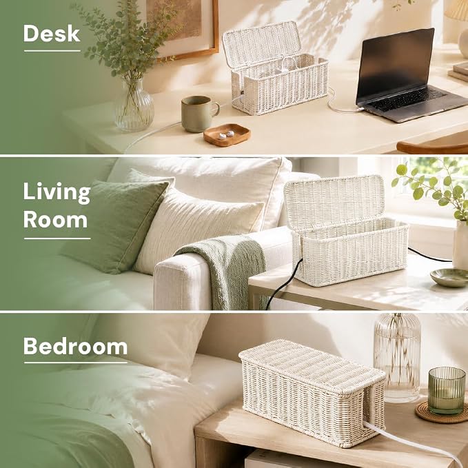 Cable Management Box, Handmade Rattan Cord Organizer for Power Strip | Open Slots Cord Hider for Power Strip, Router & USB Hub, Registered U.S. Design Patent