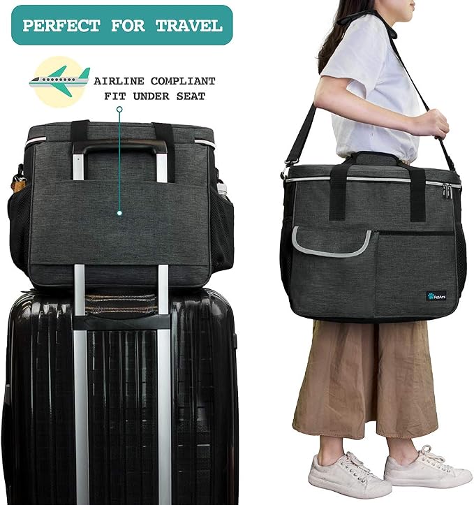PetAmi Dog Travel Bag Organizer, Pet Supplies Diaper Tote, Dark Gray Large | Pet Travel Kit with 2 Food Containers & 2 Collapsible Dog Bowls, Luggage Sleeve, Weekend Getaway Road Trip Camping Essentials
