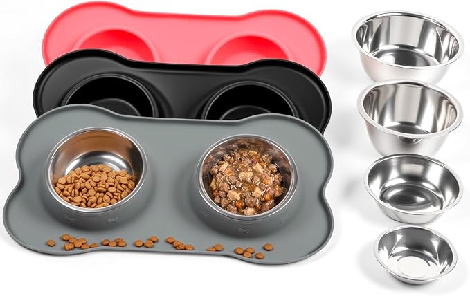 Conlun Stainless Steel Dog Bowls with Non-Slip Silicone Mat, Spill Proof Food & Water Bowls Set, Easy Clean Puppy Food Dish, Dishwasher Safe, Suitable for Dogs Cats Pet Under 20lbs, Small, Grey