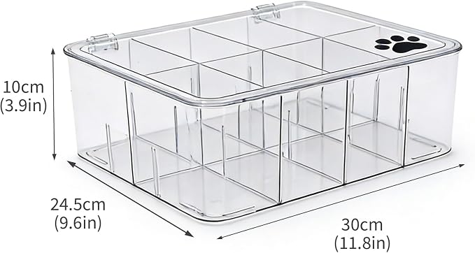Dog Treat Container, Clear Pet Food Storage Container with Lid and Removable Dividers, 8 Compartments Dog Organization and Storage Box for Countertop, Cabinet, Pantry, Gift for Pet