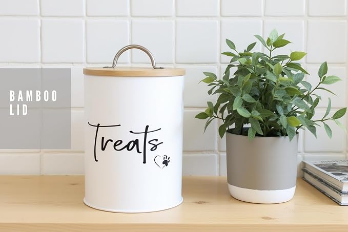 White Dog and Cat Treat Container with Easy to Open Bamboo Lid, 98 oz/12 cups