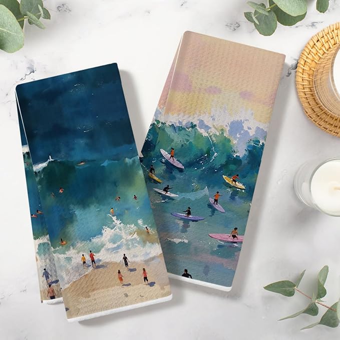 2PCS Coastal Surf Beach Summer Decor Dish Towels 16x24 Inch, Absorbent Microfiber Decorative Dish Cloth Tea Towel, Surf Ocean Beachy Bathroom Room Decor Aesthetic, Housewarming Gifts for Women Men