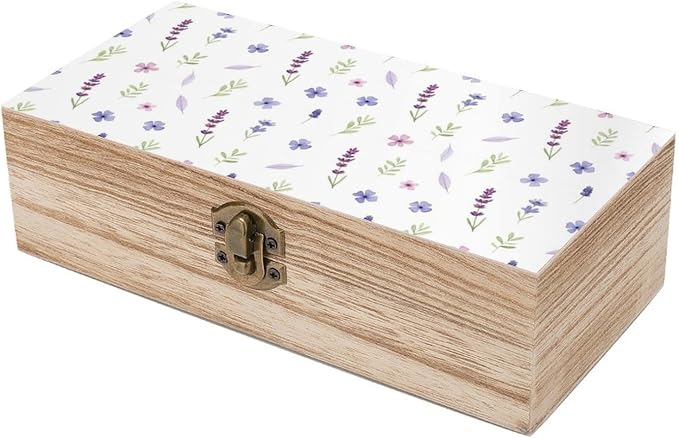 Wooden Keepsake Box with Lid Memory Storage Case, Purple Lavender Floral | Flower Botanical Jewelry Organizer Boxes, Gift Storage Case for Photo Letters Party Favor Supplies