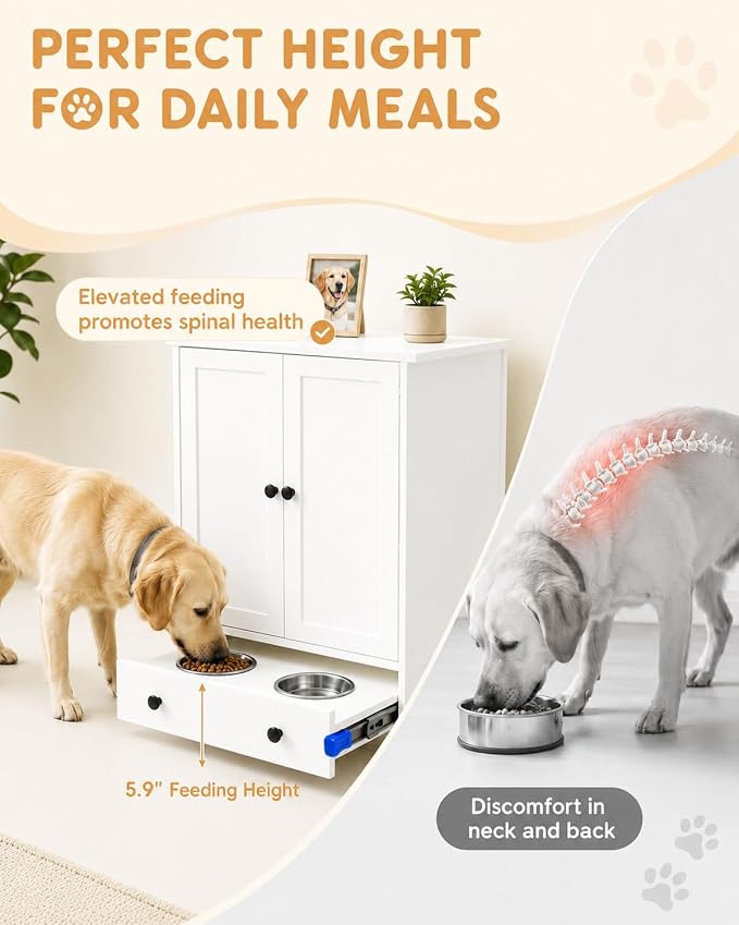 Dog Feeding Station with Storage Cabinet, Hidden Pull-Out Drawer | Metal Slide Rail, White Pet Food Storage Cabinet, 2 Elevated Bowls, Adjustable Shelf & 3 Hooks for Leashes, Collars, Toys