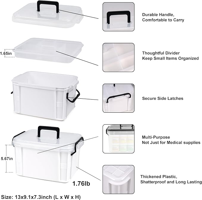 HEY FOLY 15qt White Medicine Organizer Storage Box with Tray, Plastic First Aid Box Empty, Thickened Medicine Container Chest, Multipurpose Medical Case with Labels, Medicine Caddy with Lids Handles