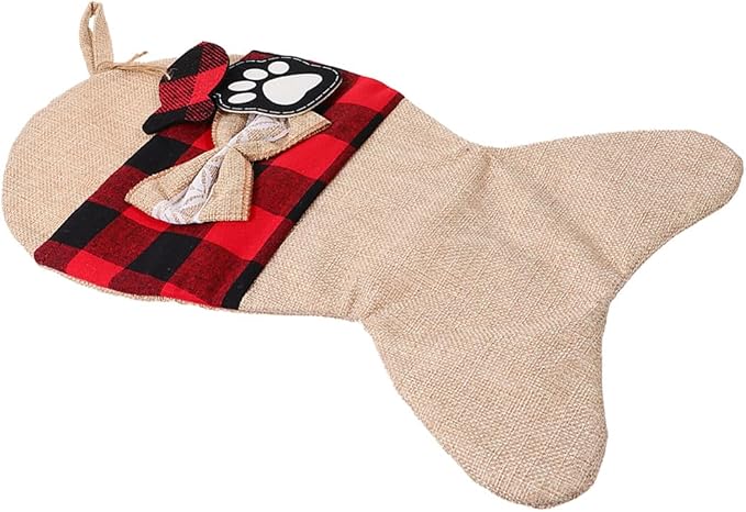 SEWOART Christmas Burlap Pet Stockings Pouch, Fish Shape Candy Bag, Holiday Present Bag for Pets, Rustic Christmas Storage Sack, Festive Tree Hanging Decoration
