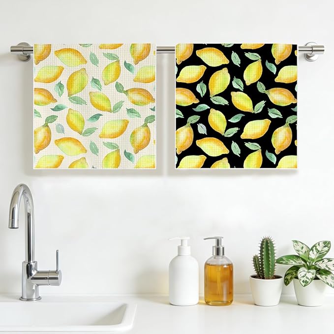 Lemon Kitchen Towels, Quick Dry Multipurpose Waffle Weave Hand Towels for Bathroom, Absorbent Reusable Cloth Tea Dish Towels for Home Decor, Lemon Lover Gift White and Black Background Towel Set of 2