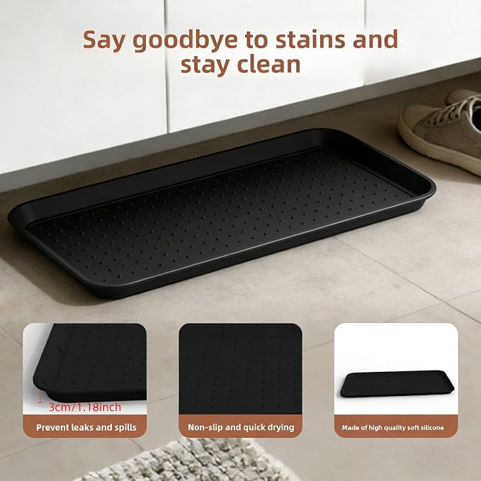 Asixxsix Silicone Boot Tray, 30x15 inch Non Slip Shoe Tray with Raised Edge, Pet Feeding Mat Sink Protector, Heavy Duty Boot Mat for Entryway Shoe Storage Indoor Outdoor Use (Black)