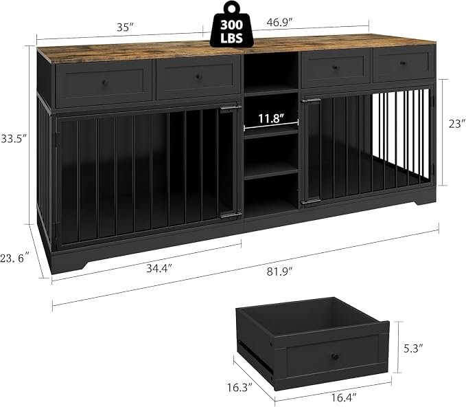 82" Large Double Dog Crate Furniture for 2 Dogs - Indoor Heavy Duty Wooden Kennel with 4 Storage Drawers, 4 Shelves, TV Stand Divider, Pet Bed Sofa for Large Breeds, Classic+Black