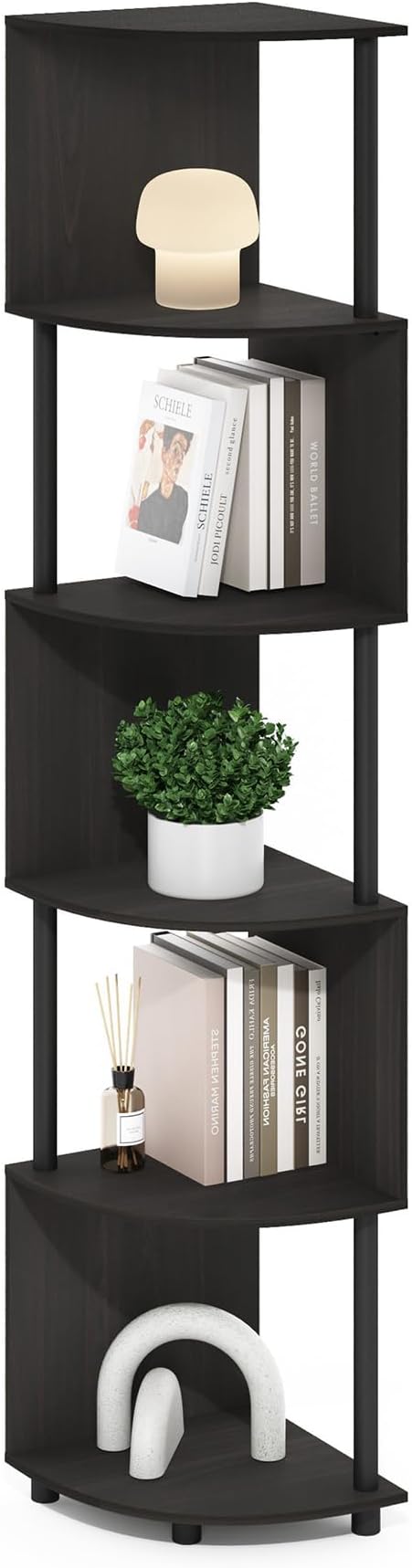 Furinno ECON Corner Shelf, 5-Tier Corner Book Shelf, Zigzag Storage Shelves, Display Rack, Bookshelf, for Organization and Storage, Living Room, Home Office, Espresso