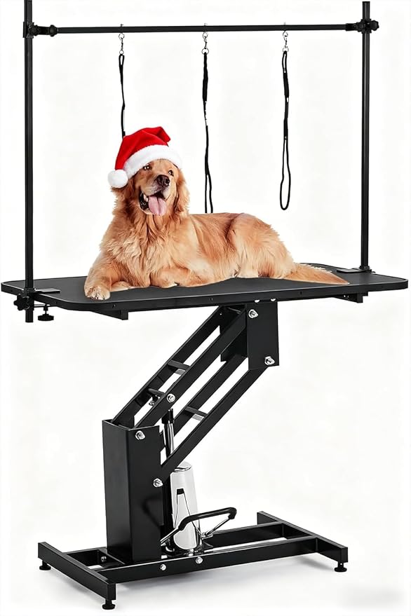 Garvee 43.3" Hydraulic Dog Grooming Table with Max 350 LBS Loading Capacity | Adjustable Height Range 22-39 in, 3 Adjsutable Nooses, Professional Pet Grooming Table, Home Use, Heavy Duty, Black