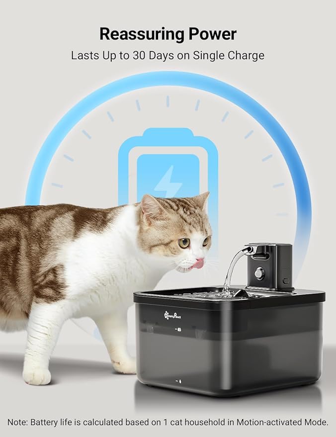 DownyPaws Cat Water Fountain Cordless, 84oz/2.5L Fursink Wireless Pet Water Fountains for Cats Indoor, Battery Operated Cat Drinking Fountain with Motion Sensor, BPA-Free, Black with 6 Filters