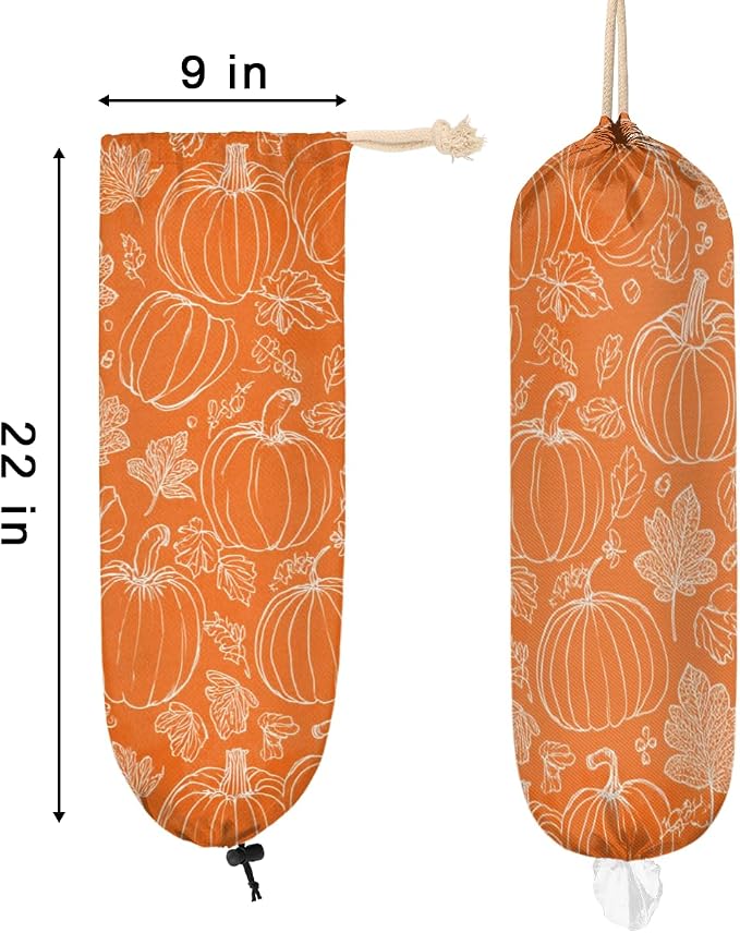 Orange Pumpkin Plastic Bag Holder Autumn Leaf Grocery Bag Storage Dispenser Washable Hanging Shopping Bags Carrier Reusable Wall Mount Trash Bag Organizer for Kitchen Pantry
