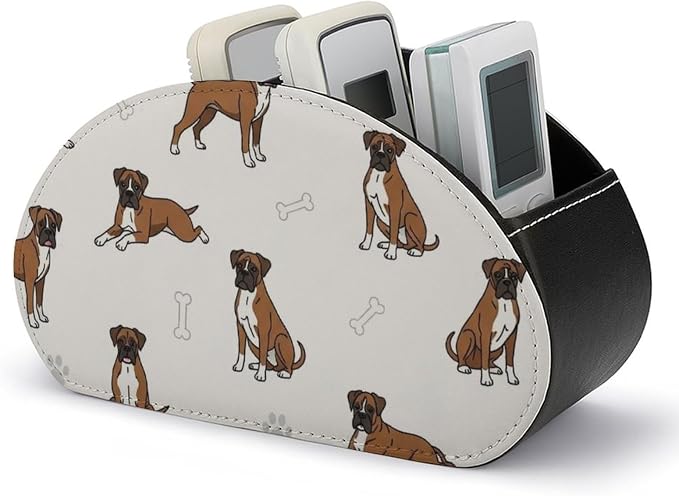 TV Remote Control Holder Boxer Dog Pet Desktop Storage Caddy Box | Pu Leather Makeup Brush Organizer with 5 Compartments, Boxer Dog Pattern Dog Lover Pet, Fit for Media Player, Office Supplies