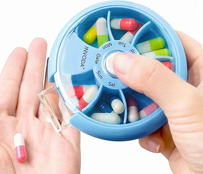 8PCS INVODA Weekly Pill Organizer 7 Compartment Rotating Pill Box for Daily | Cute Round Pill Organizer Fit purse pocket or backpack Portable Travel Pill Case for Fish Oil Supplements Vitamins Medication