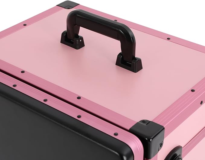 Portable Rolling Travel Nail Desk, Foldable Nail Tables Travel Cosmetic Trolley Storage Organizer with LED Mirror & 3 Drawers for air Stylists Pet Groomers Makeup Artists Salon (Pink Black)