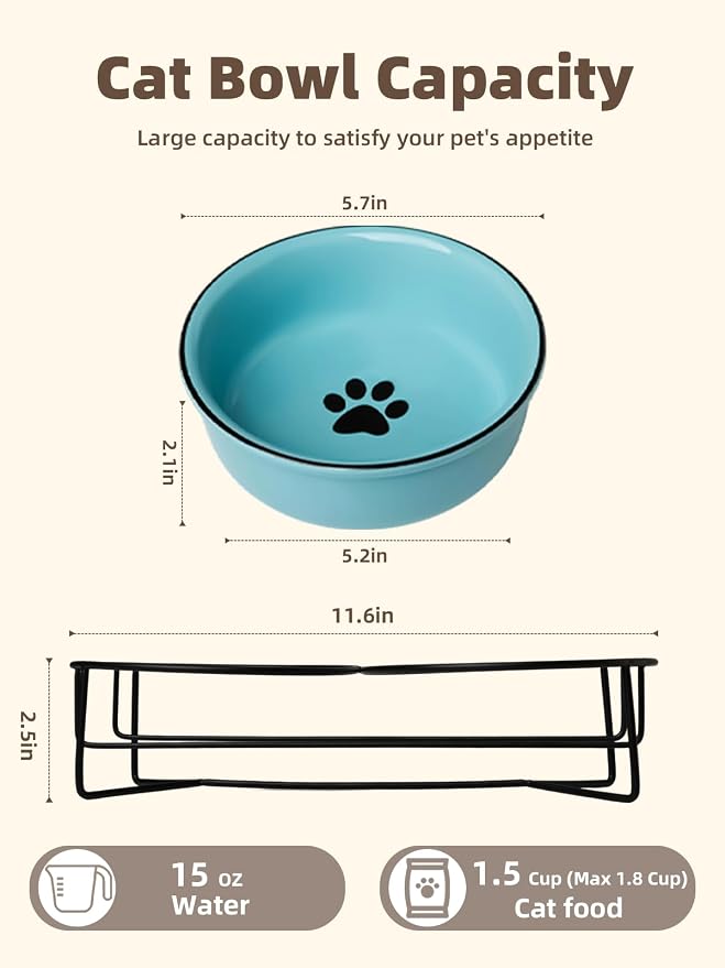 GDCZ Ceramics Raised Cat Bowls with Heighten Metal Stand,15 Ounces Turquoise